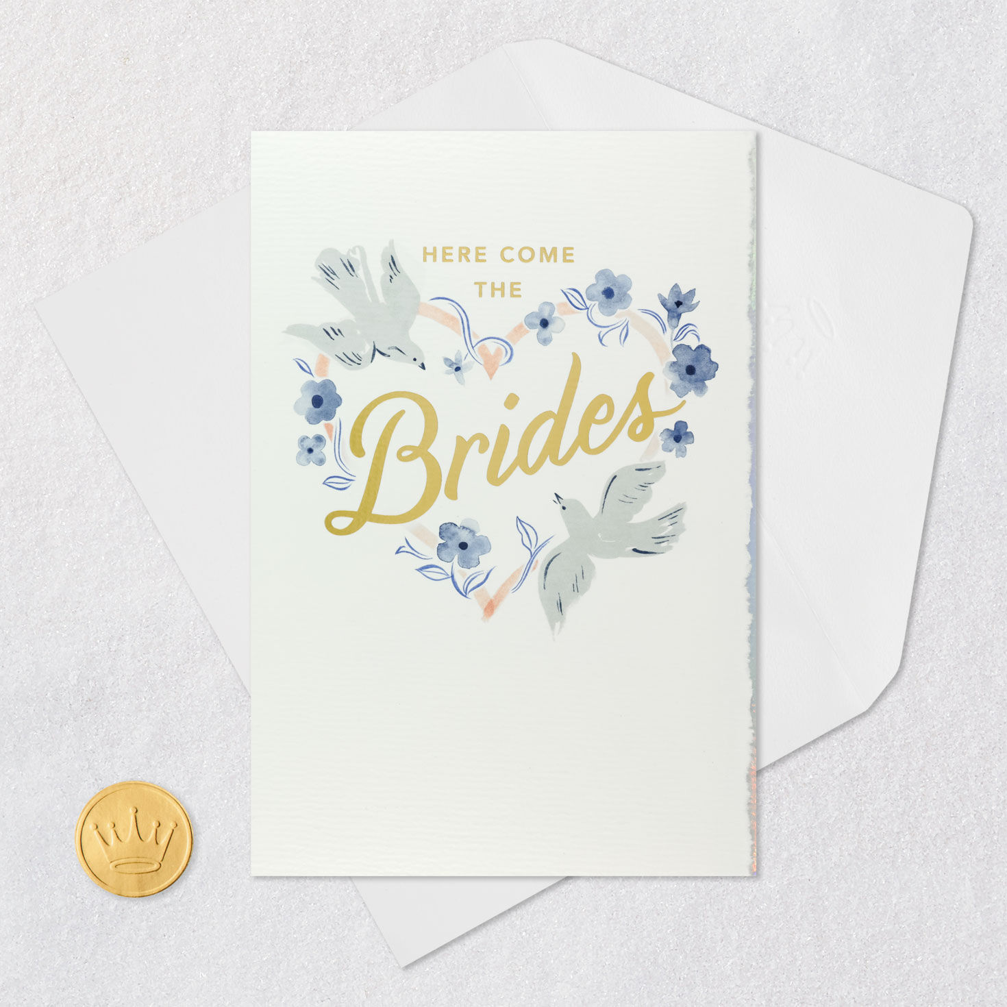 Doves and Floral Heart LGBTQ Wedding Card for Two Brides Card Front with Envelope and Gold Seal image number 5