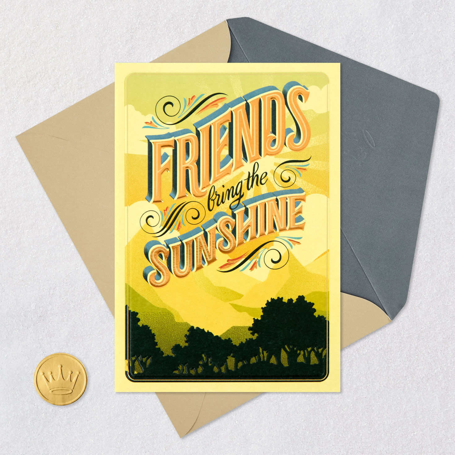 Sunny Mountain Landscape Vintage Postcard Friendship Card Card Front with Envelope and Gold Seal image number 5