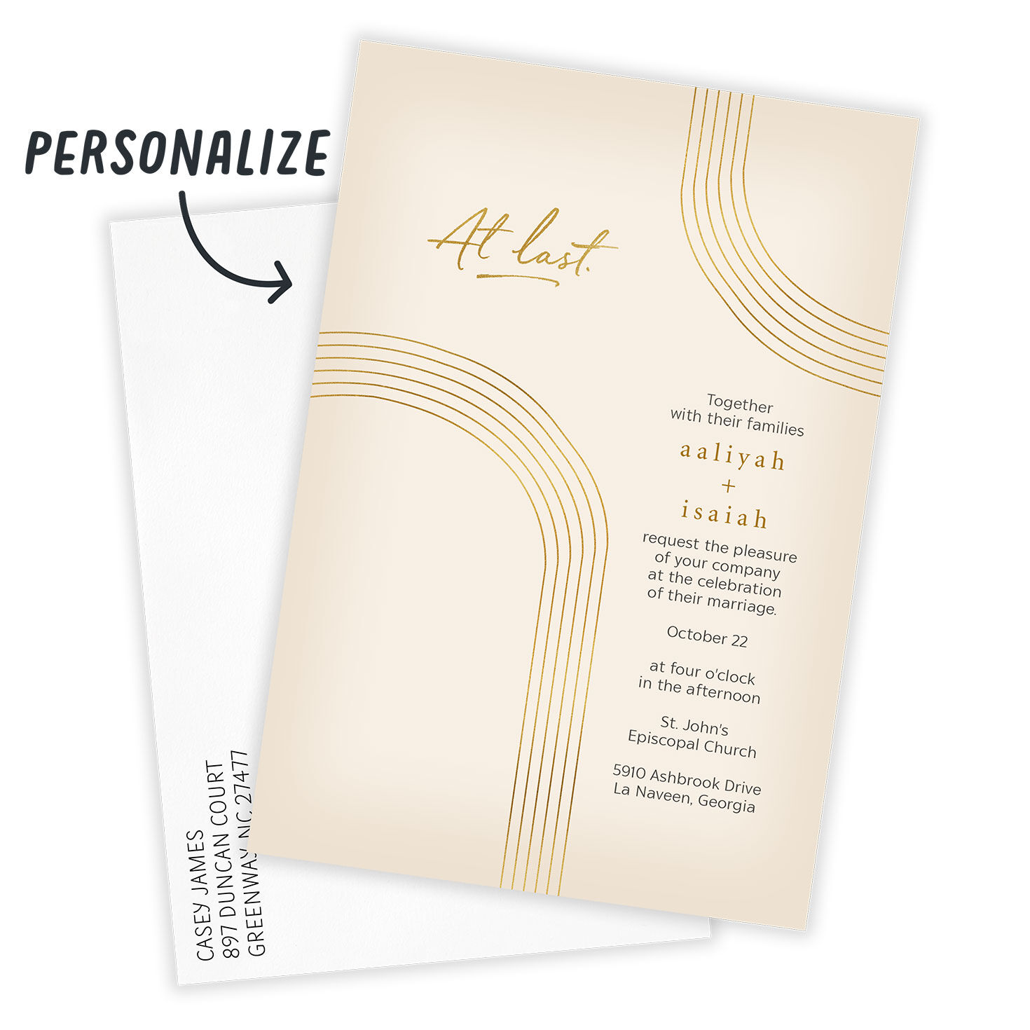 Gold Arches on Cream Personalized Wedding Invitation Card front with Envelope indicating personalization image number 2