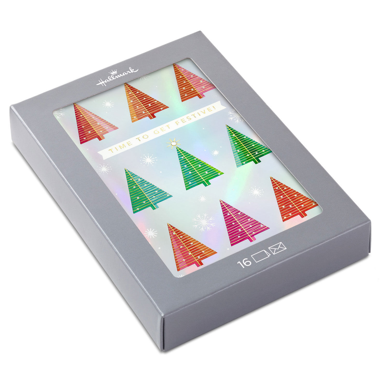 Festive Trees on Foil Boxed Christmas Cards, Pack of 16