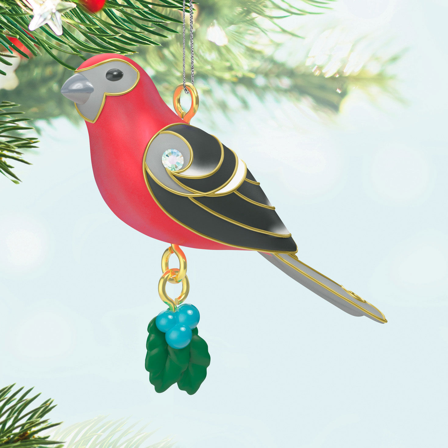 Pink and Black Bird Keepsake Ornament Hanging on tree image number 2