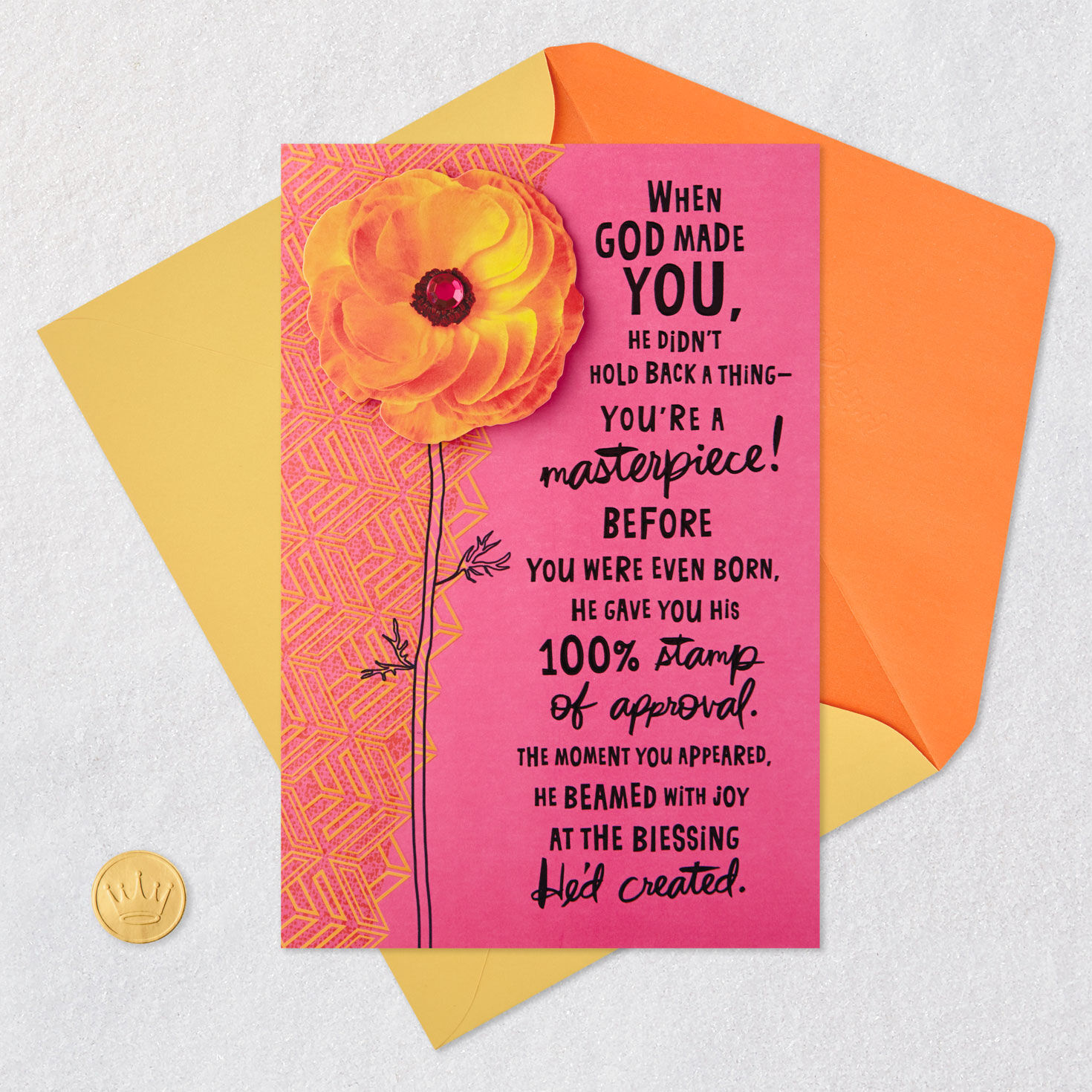 Orange Flower on Pink Religious Birthday Card for Her Open card with envelope image number 5