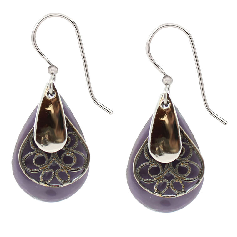 Silver Forest Silver Metal and Lavender Layered Teardrop Earrings