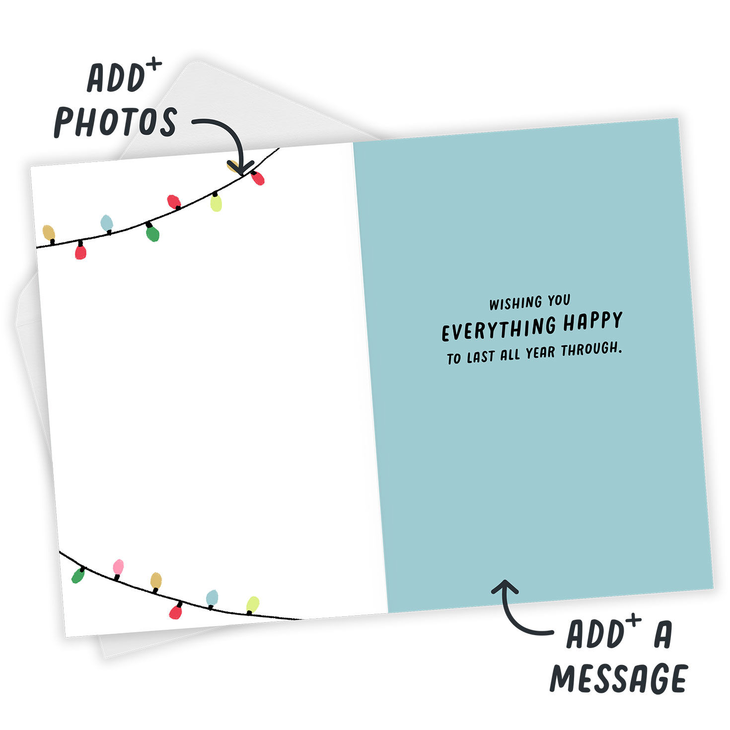 String Lights Checklist Personalized Holiday Card Open Card with Envelope indicating personalization image number 3