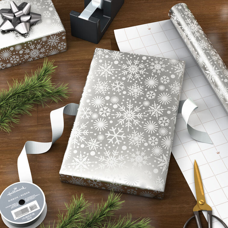 Snowflakes on Silver Foil Holiday Wrapping Paper Roll  image number 3