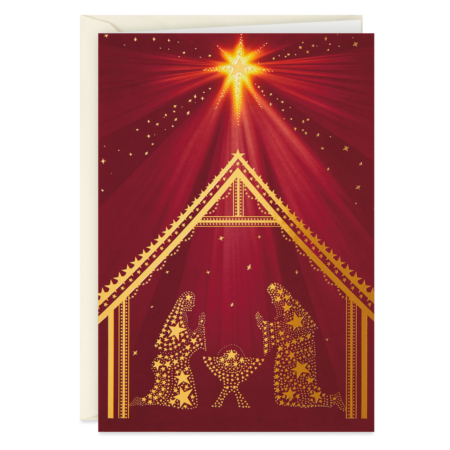 Gold Foil Manger on Burgundy Christmas Cards Pack Front image number 2