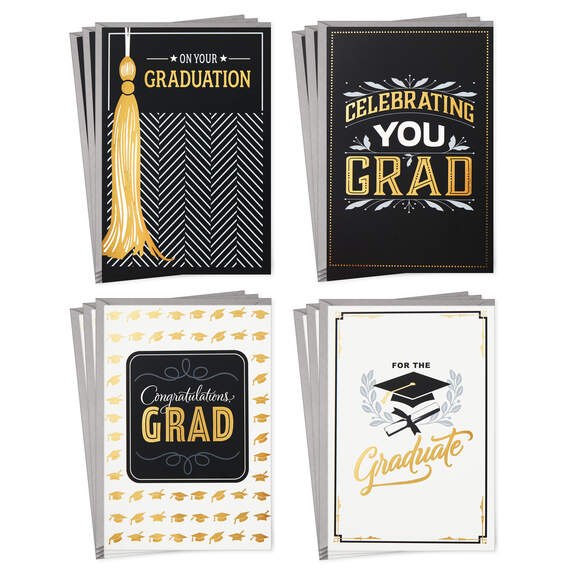 Assorted Black, White and Gold Graduation Cards, Pack of 12