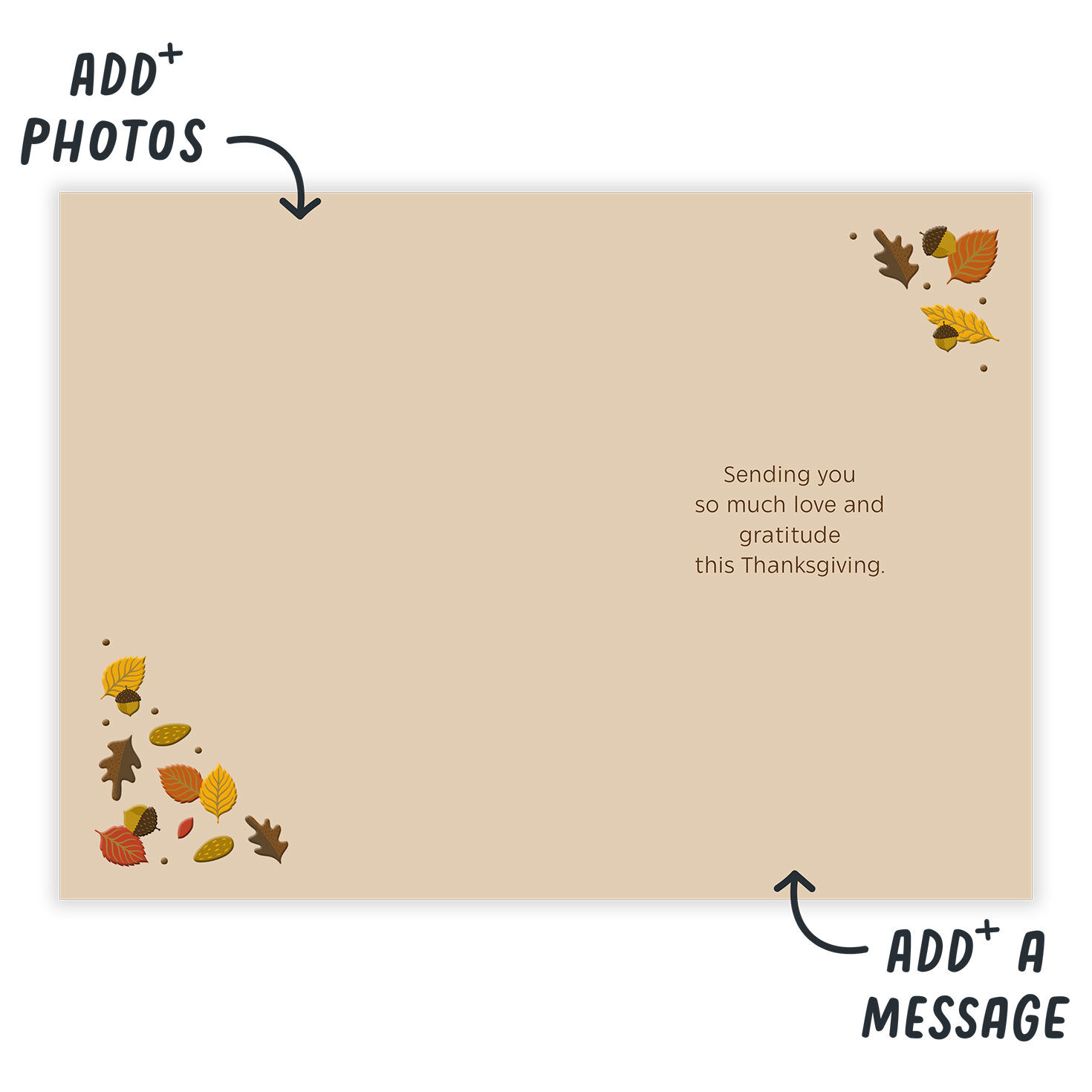 Leaves and Acorns Personalized Thanksgiving Card Open Card indicating personalization image number 3