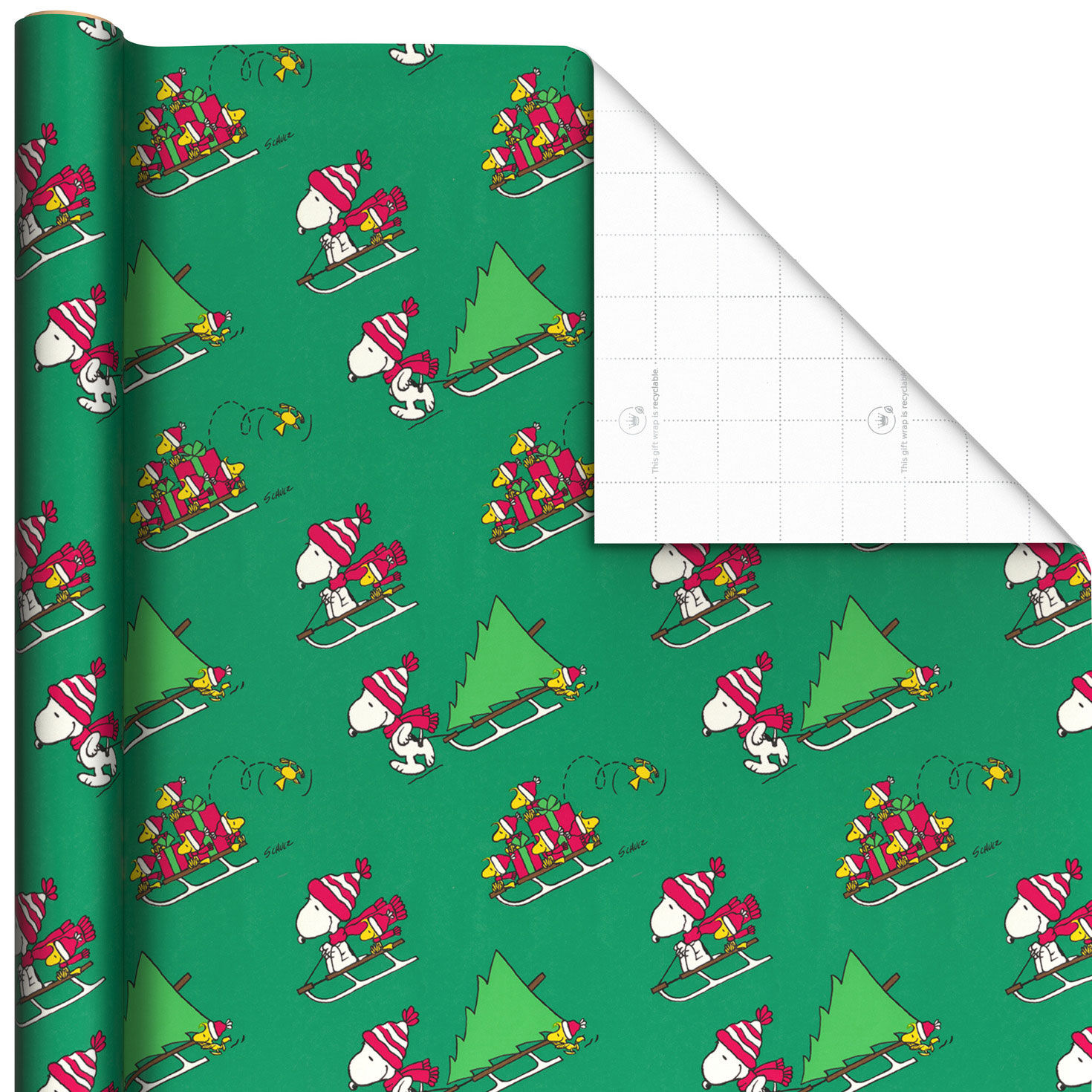 Peanuts® Sledding Snoopy on Green Jumbo Christmas Wrapping Paper Roll, 70 sq. ft.