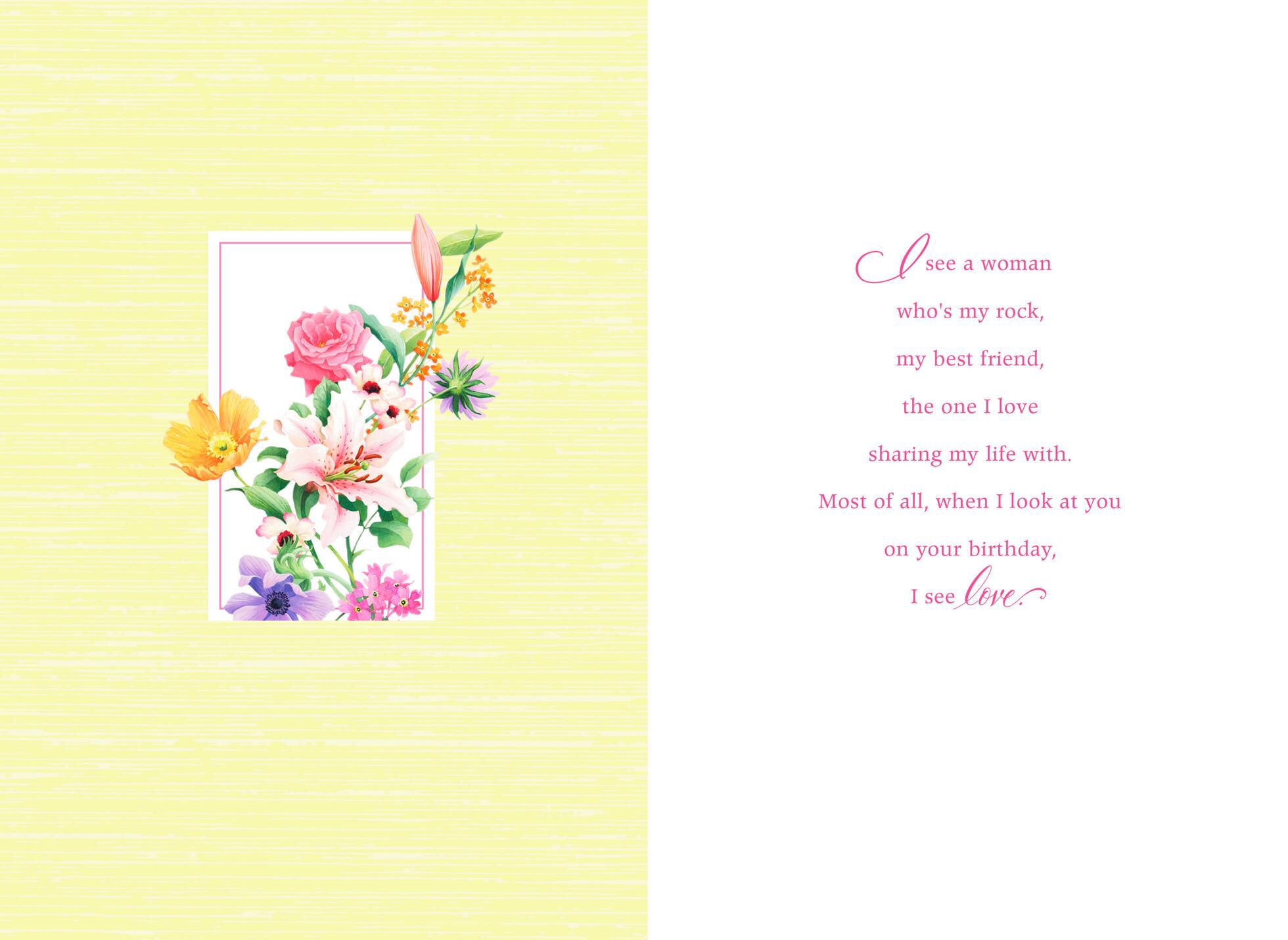 Floral Border on Yellow Birthday Card for Wife