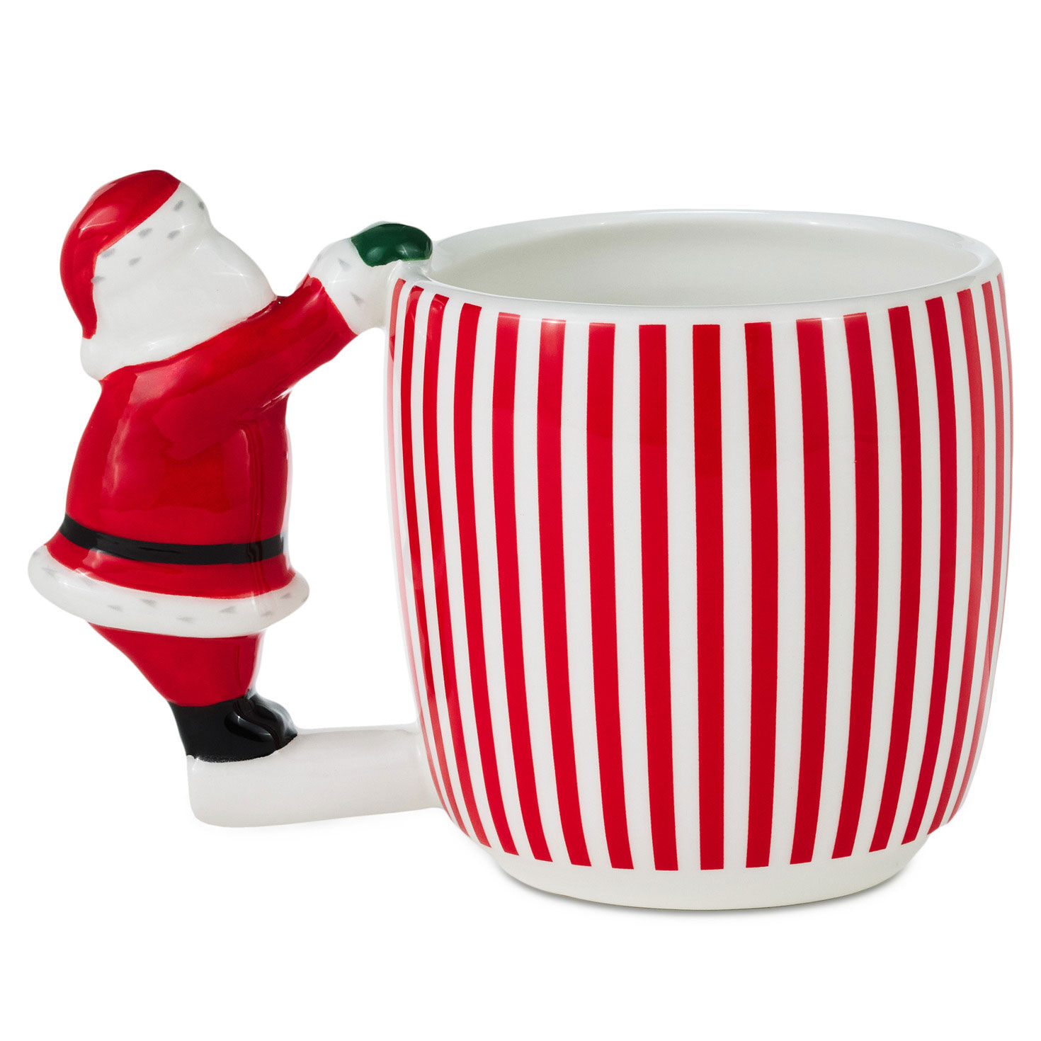 Red and White Striped Mug With Santa Handle back image number 2