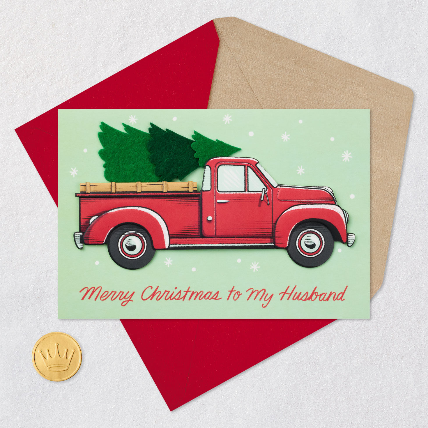Red Vintage Truck Christmas Card for Husband Card Front with Envelope and Gold Seal image number 5