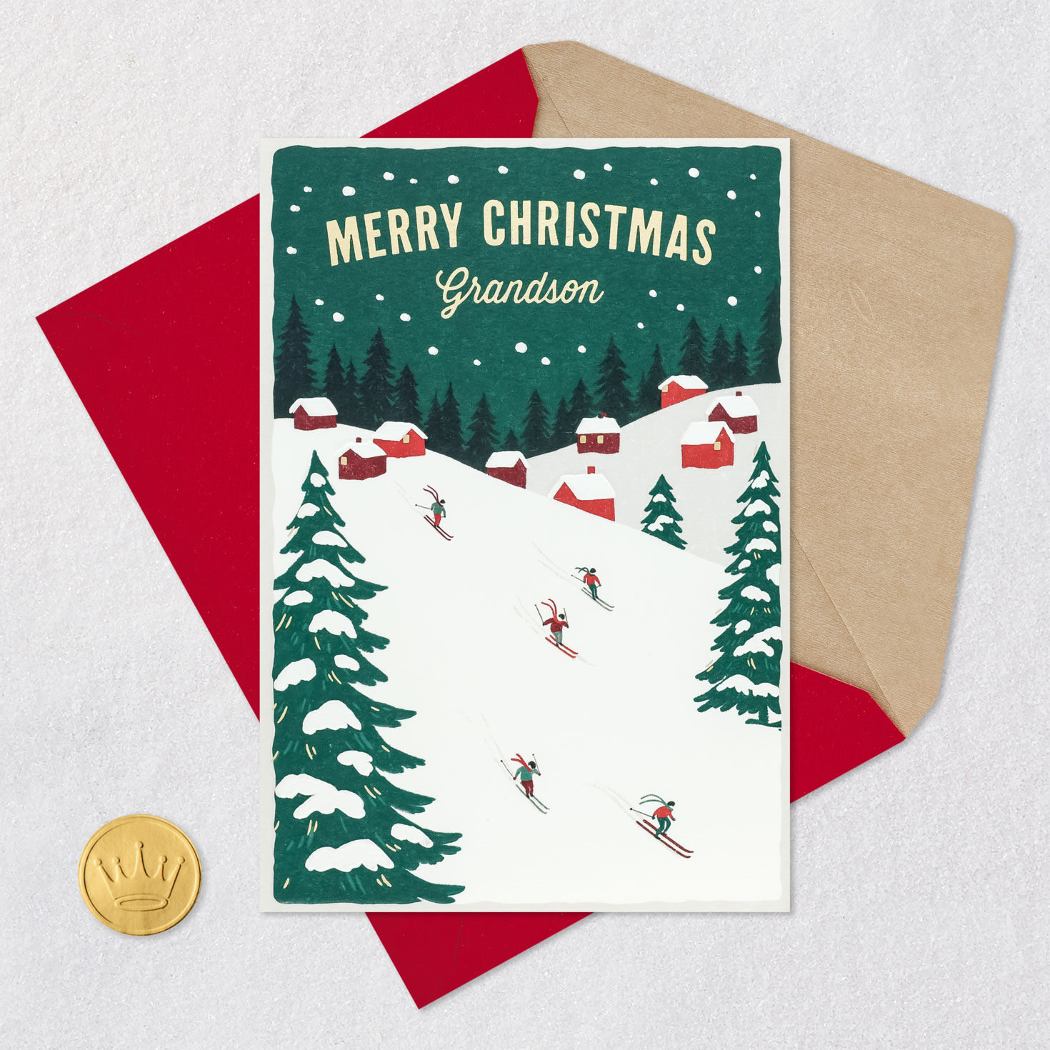 Vintage Ski Scene Christmas Card for Grandson Card Front with Envelope and Gold Seal image number 5