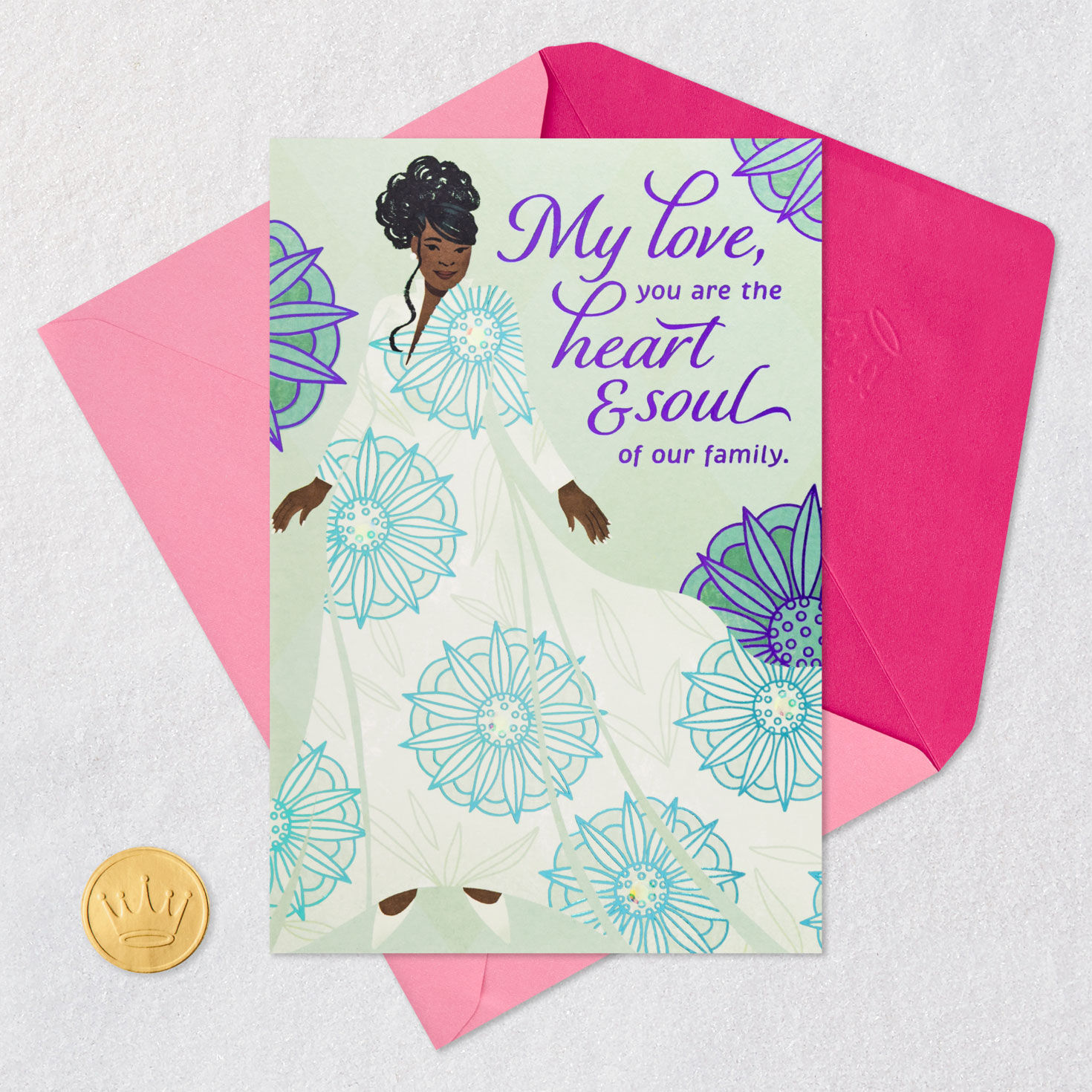 Black Woman in Floral Dress Romantic Mother's Day Card Card Front with Envelope and Gold Seal image number 6