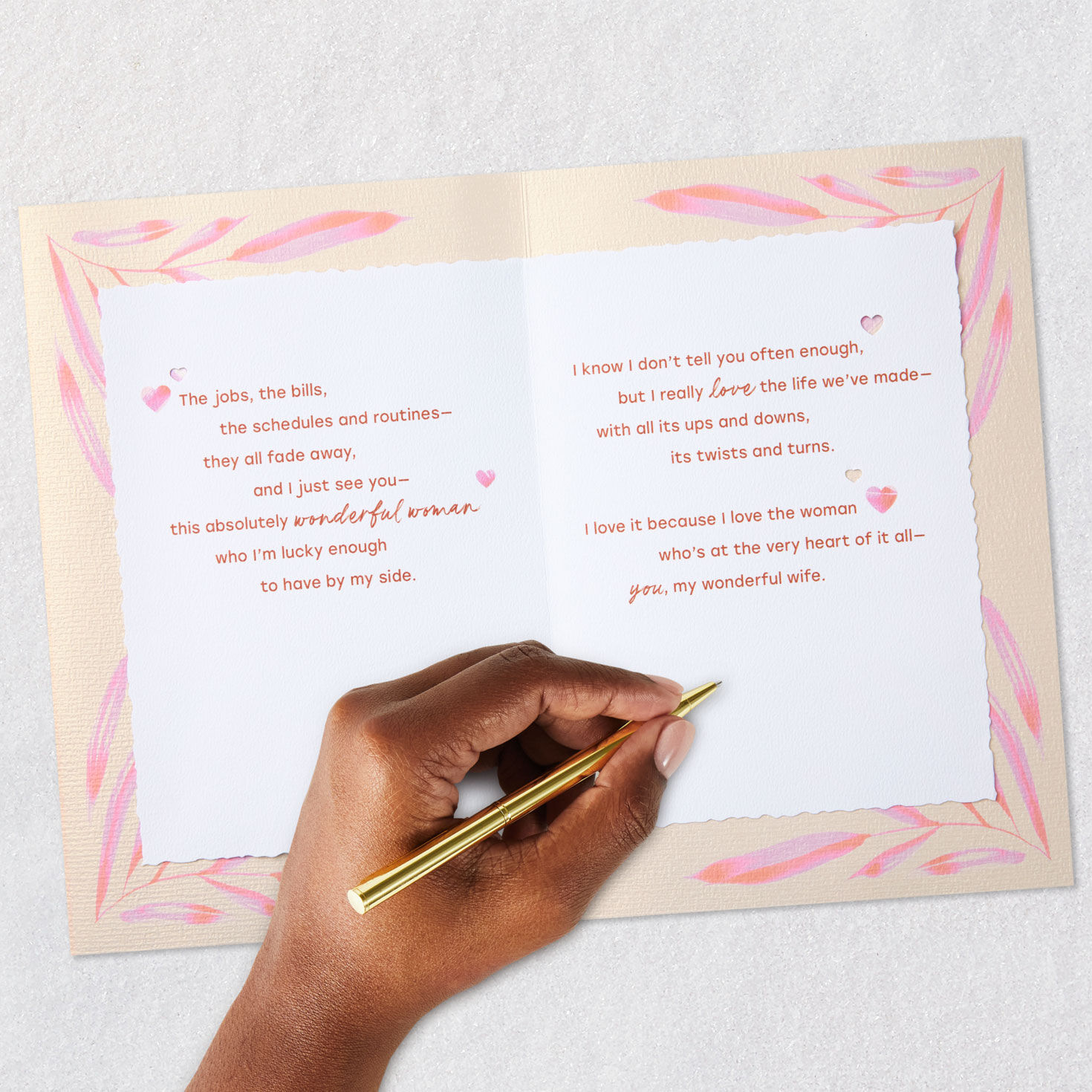 Pink Leaves and Vellum Wife Valentines Day Card Signing card image number 7