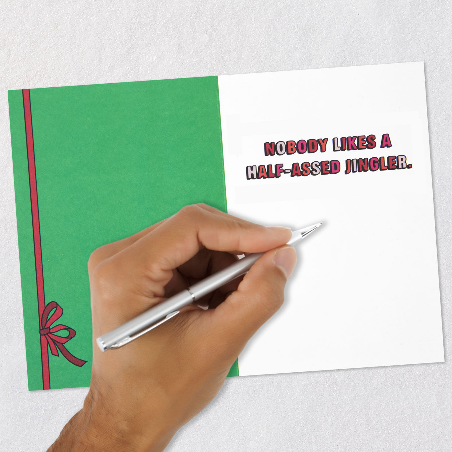 Red and Pink Lettering with Bells on Green Christmas Card Signing card image number 7