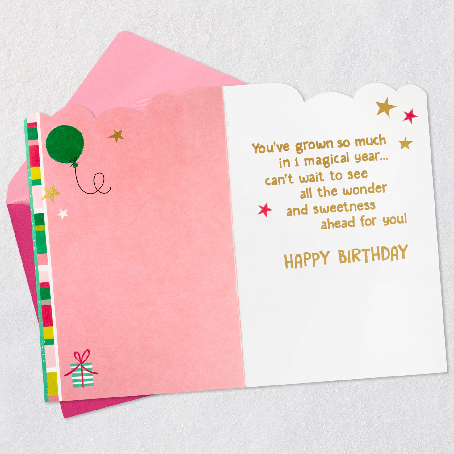 Unicorn and Rainbow First Birthday Card Open card with envelope image number 3