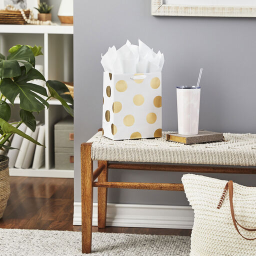 9.6" Gold Dots on White Medium Gift Bag, 