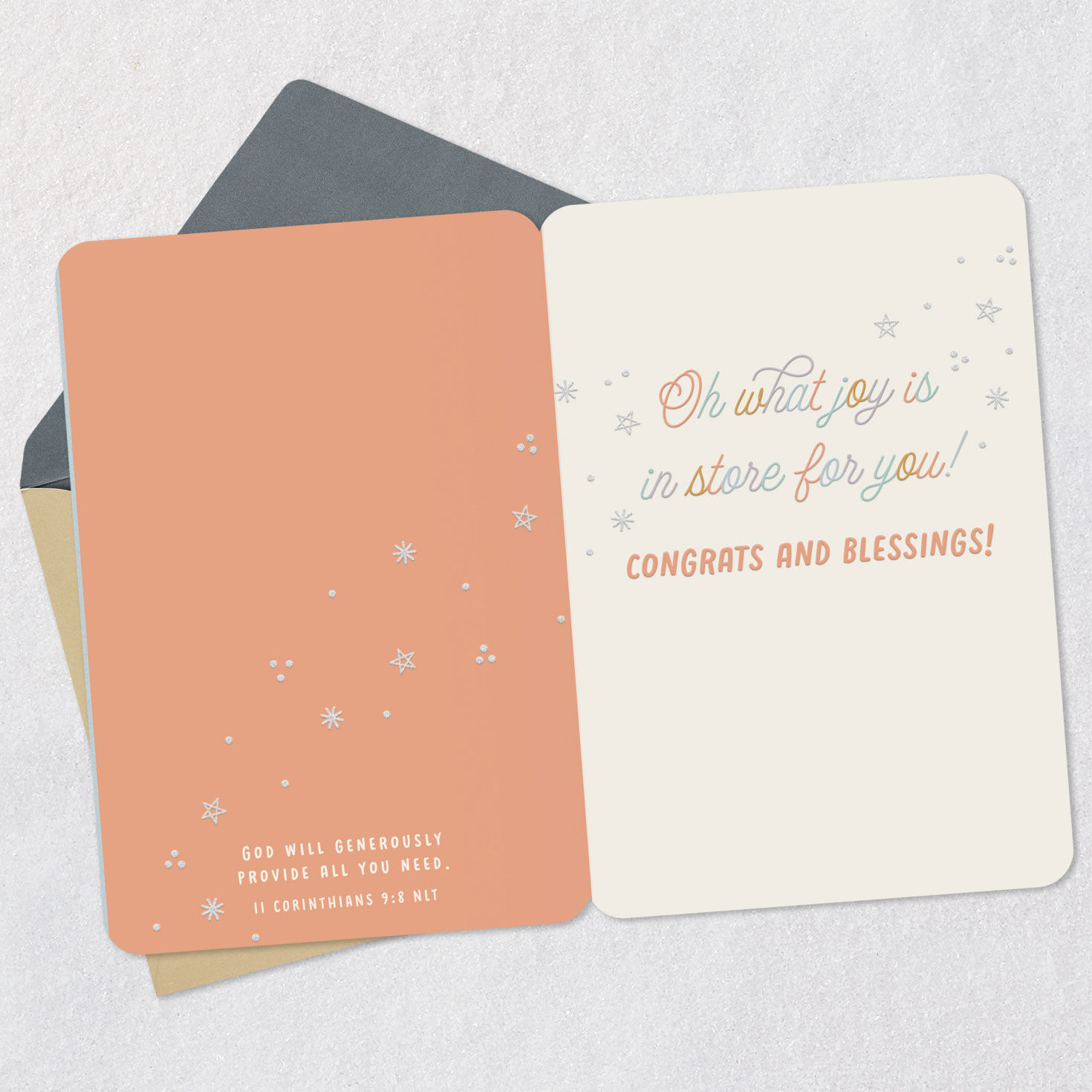 Colorful Script and Stars Religious Baby Shower Card Open card with envelope image number 4