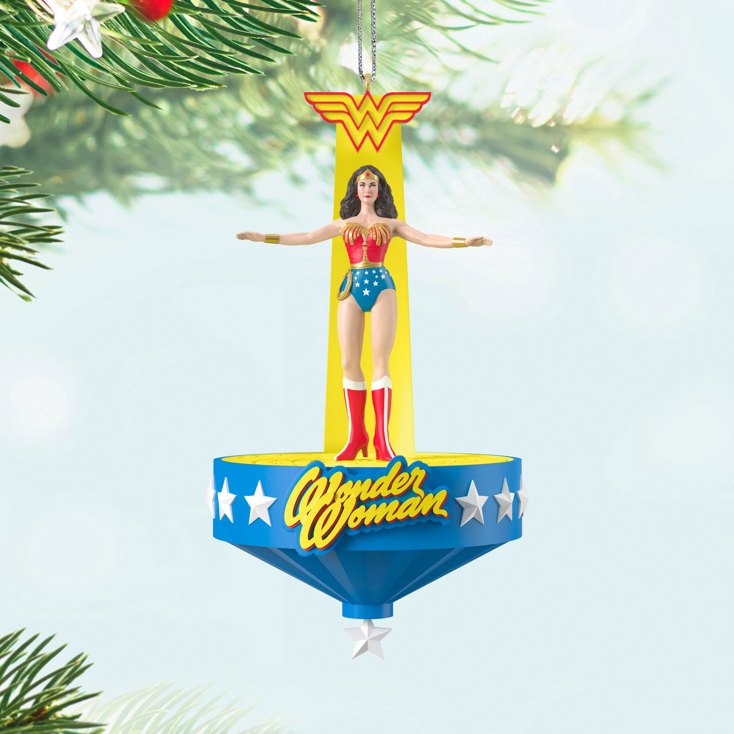 Wonder Woman on Platform Keepsake Ornament hanging on tree image number 2