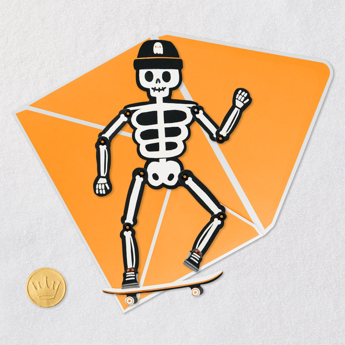 Skateboarding Skeleton Paper Craft Halloween Card Card Front with Envelope and Gold Seal image number 5