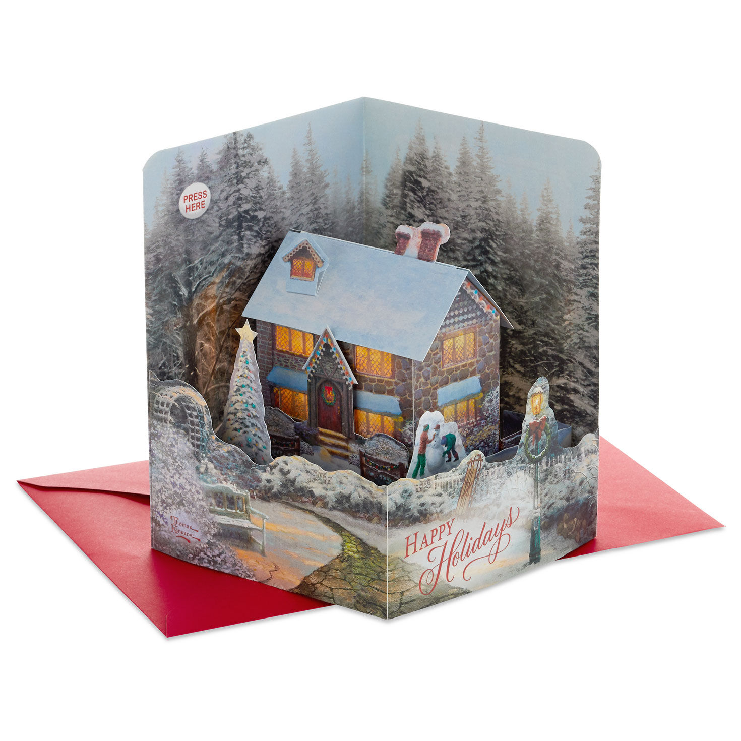 Thomas Kinkade Deck the Halls Musical Pop-Up Christmas Card With Lights