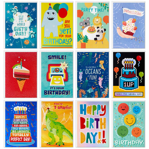 Kids Birthday Fun Assorted Boxed Birthday Note Cards, Pack of 12