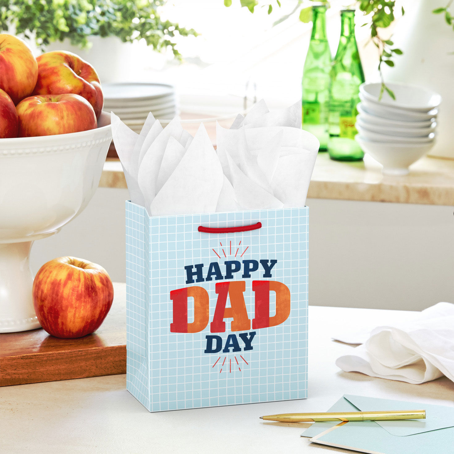 Light Blue Grid Happy Dad Day Small Gift Bag in use image number 2