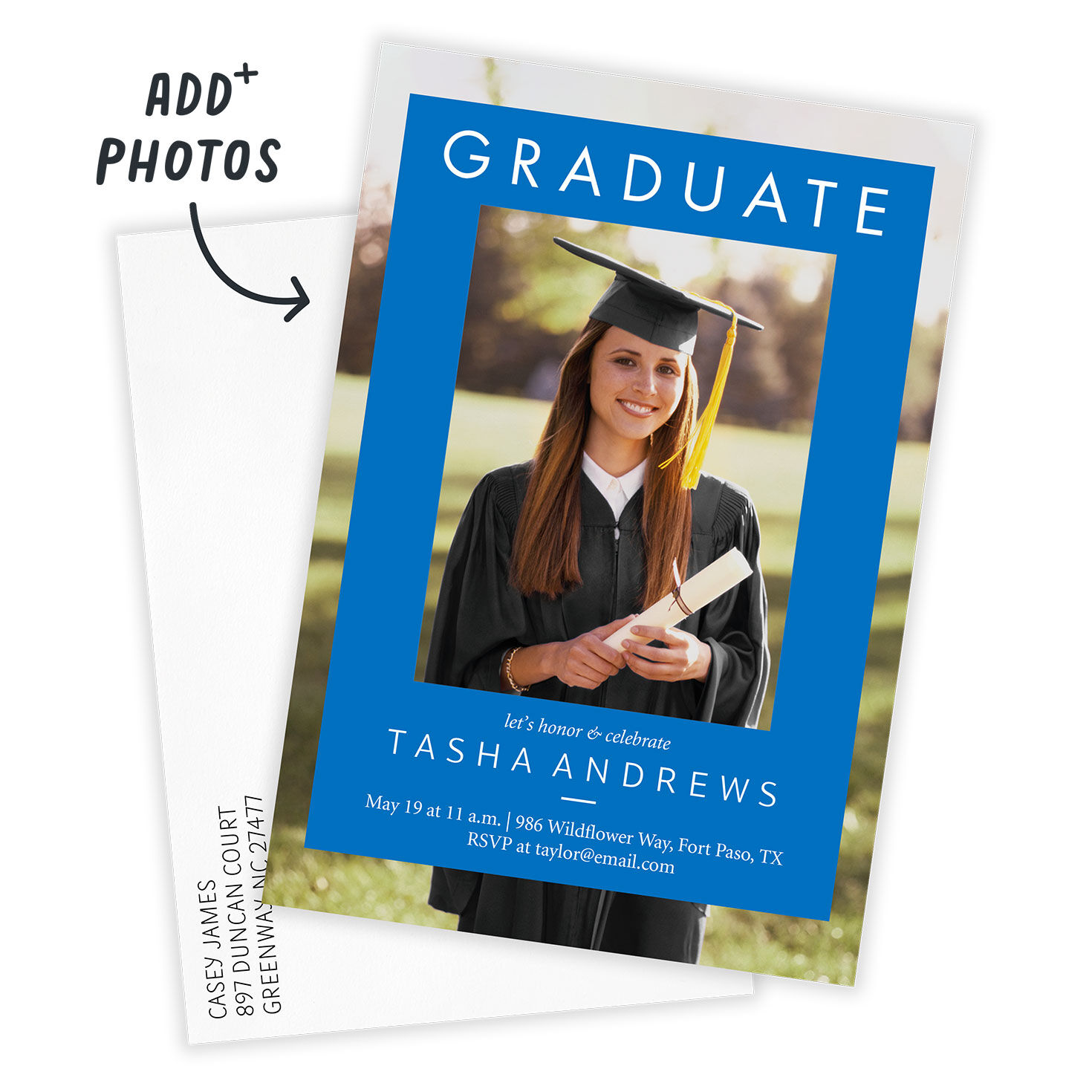 Bright Blue Photo Frame Grad Party Invitation Card Front indicating personalization image number 2