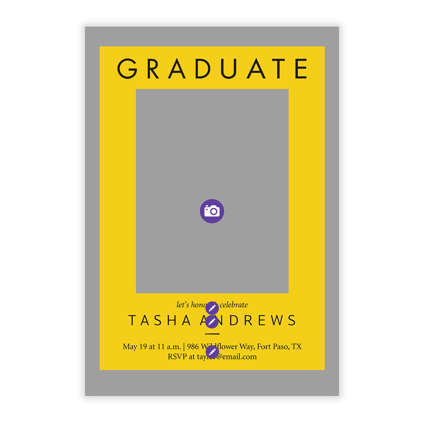 Bright Yellow Photo Frame Grad Party Invitation Card Front indicating personalization image number 5