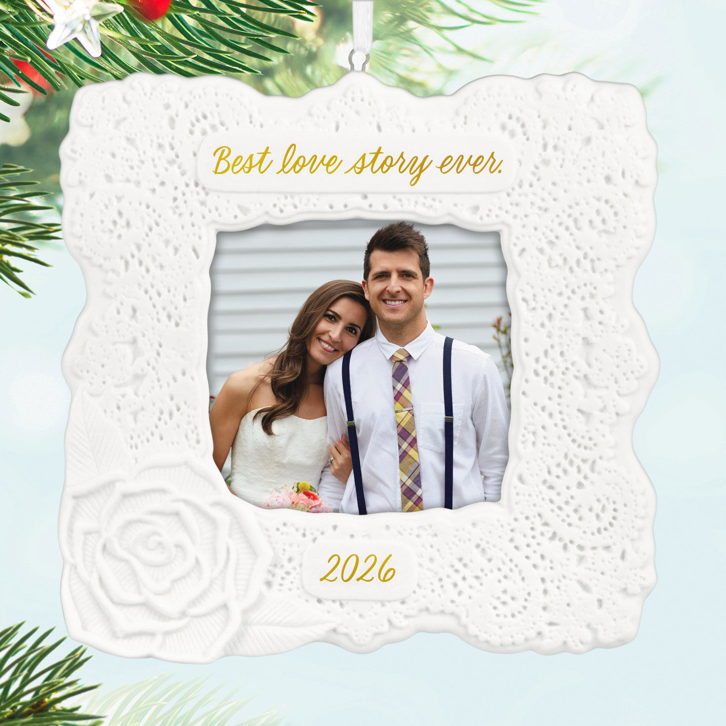 White Lace Flower Frame Personalized Photo Ornament Hanging on tree image number 2