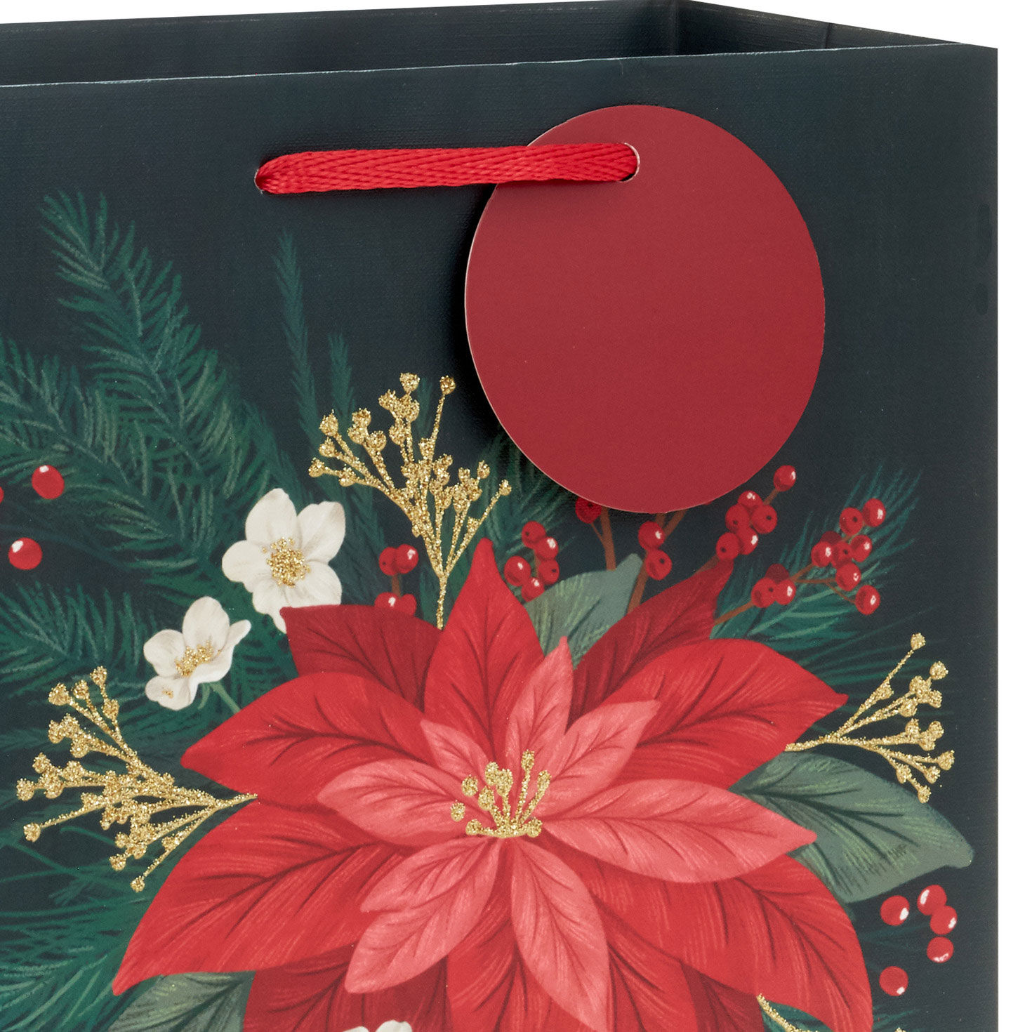 Red Poinsettia on Black Medium Christmas Gift Bag Handle Detail image number 4