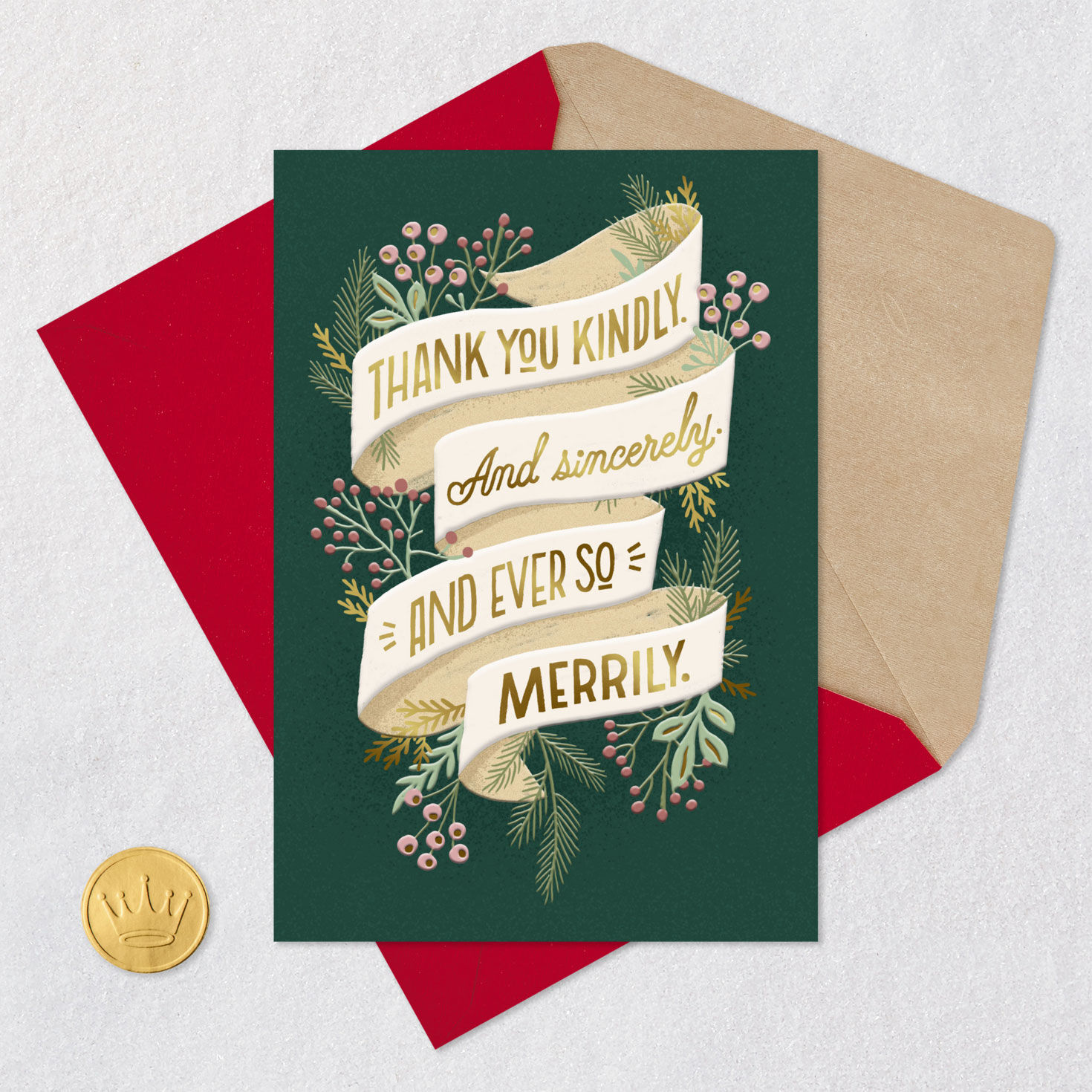 Green Botanical Banner Holiday Thank You Card Card Front with Envelope and Gold Seal image number 5