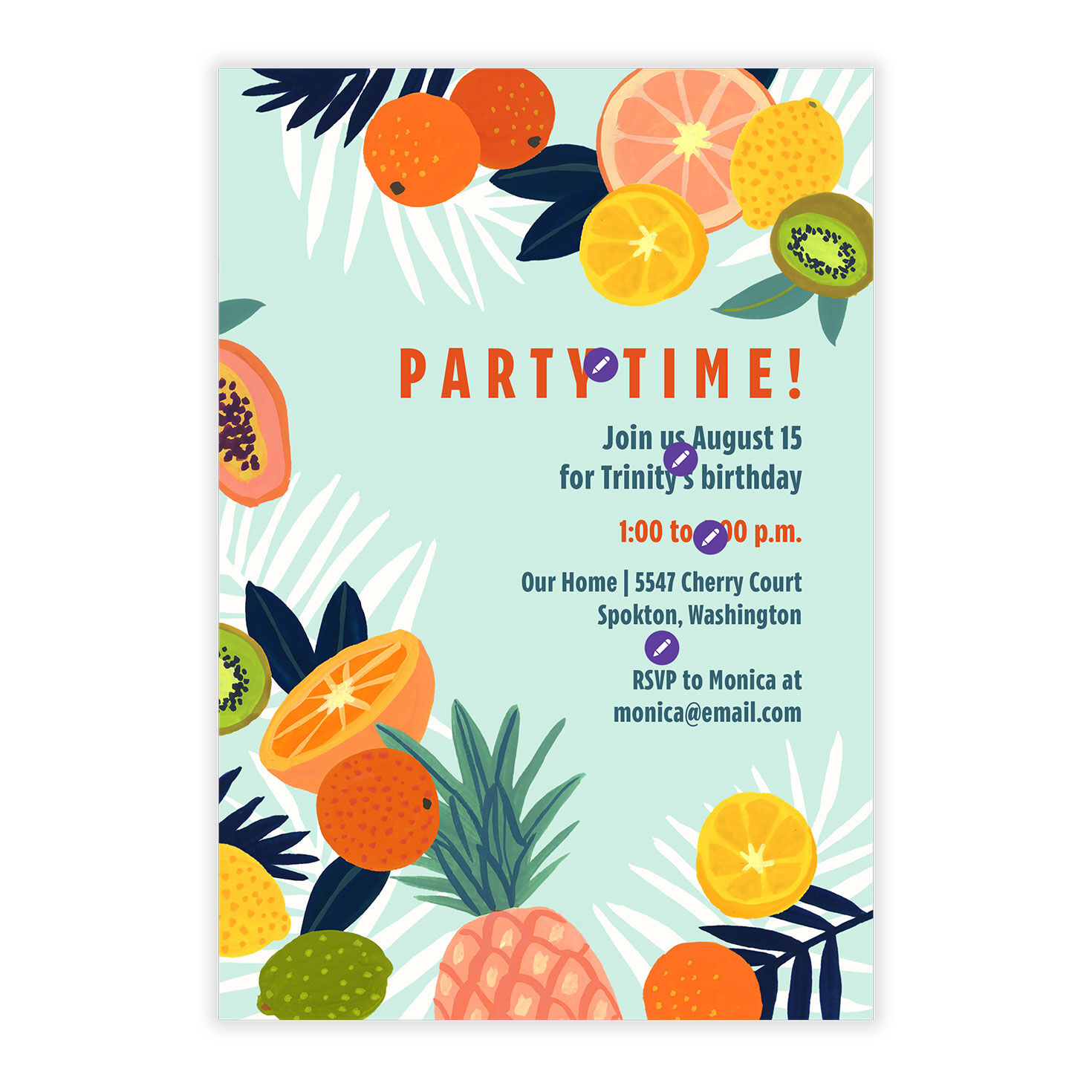 Tropical Fruit Drawings Personalized Party Invite Card Front indicating personalization image number 5