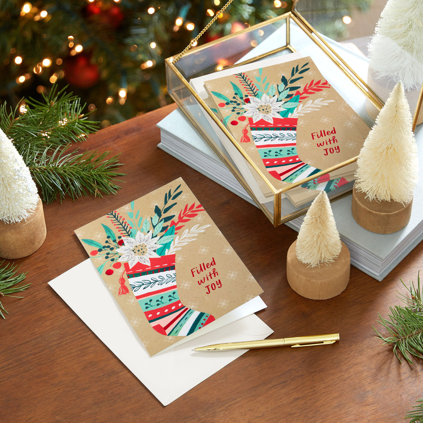 Floral Stocking Boxed Christmas Cards In use image number 7