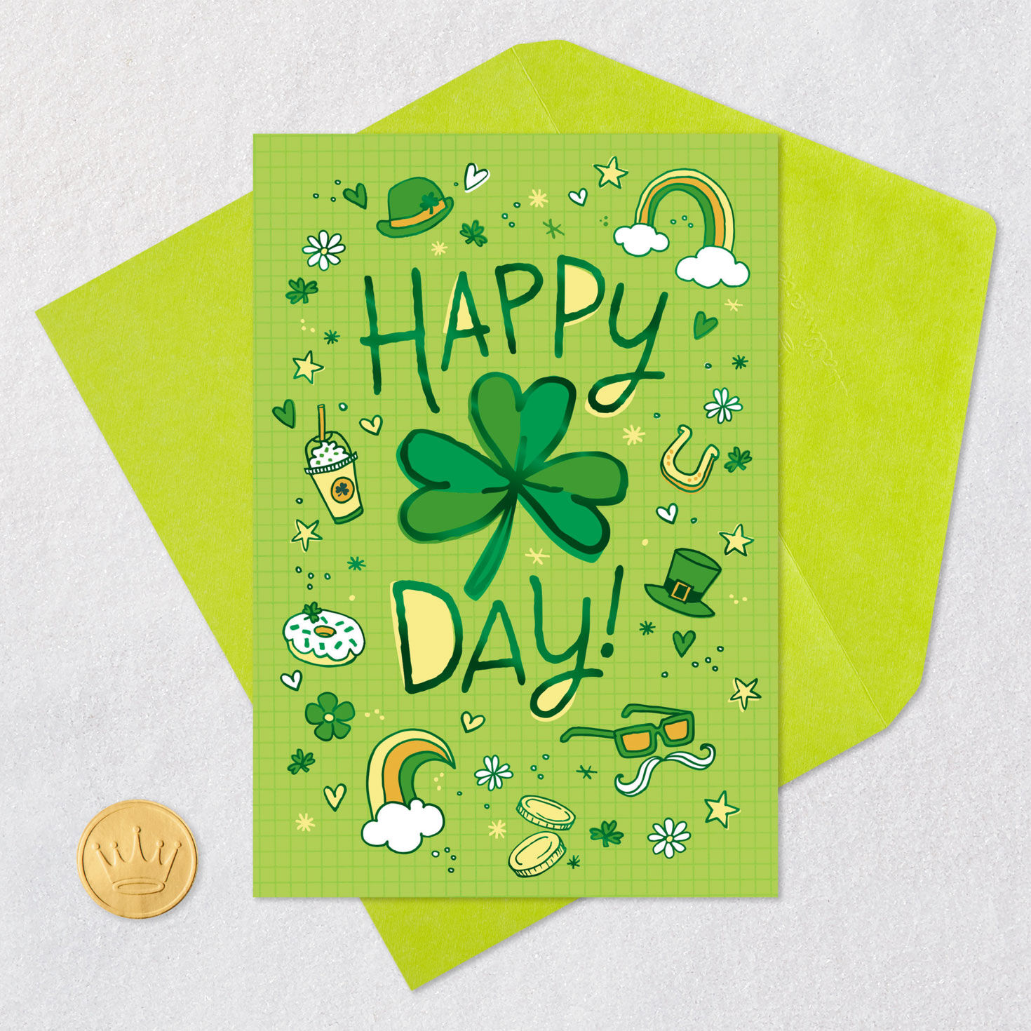 St. Pats Icons on Green Kids St. Patrick's Day Card Card Front with Envelope and Gold Seal image number 6