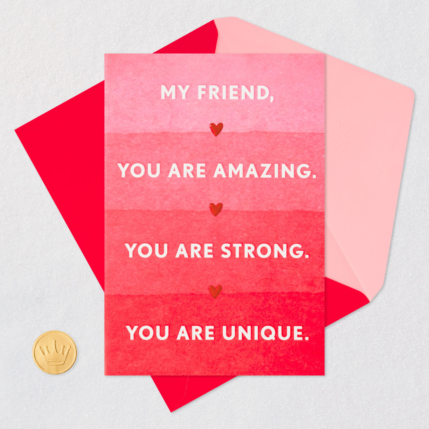 Red Ombr&eacute; Stripes and Hearts Friendship Card Card Front with Envelope and Gold Seal image number 5