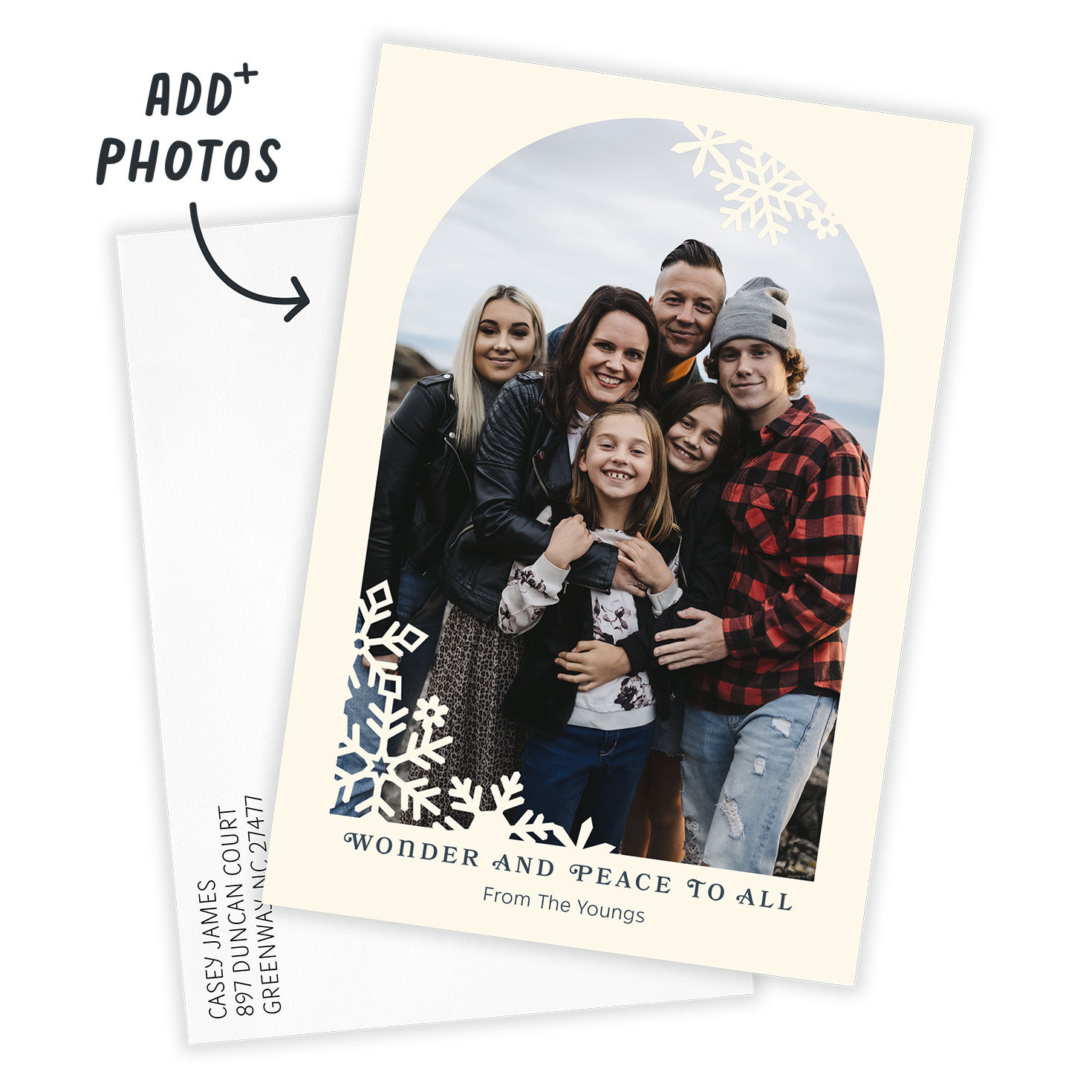 Snowflakes Arch Personalized Holiday Photo Card Card Front indicating personalization image number 2