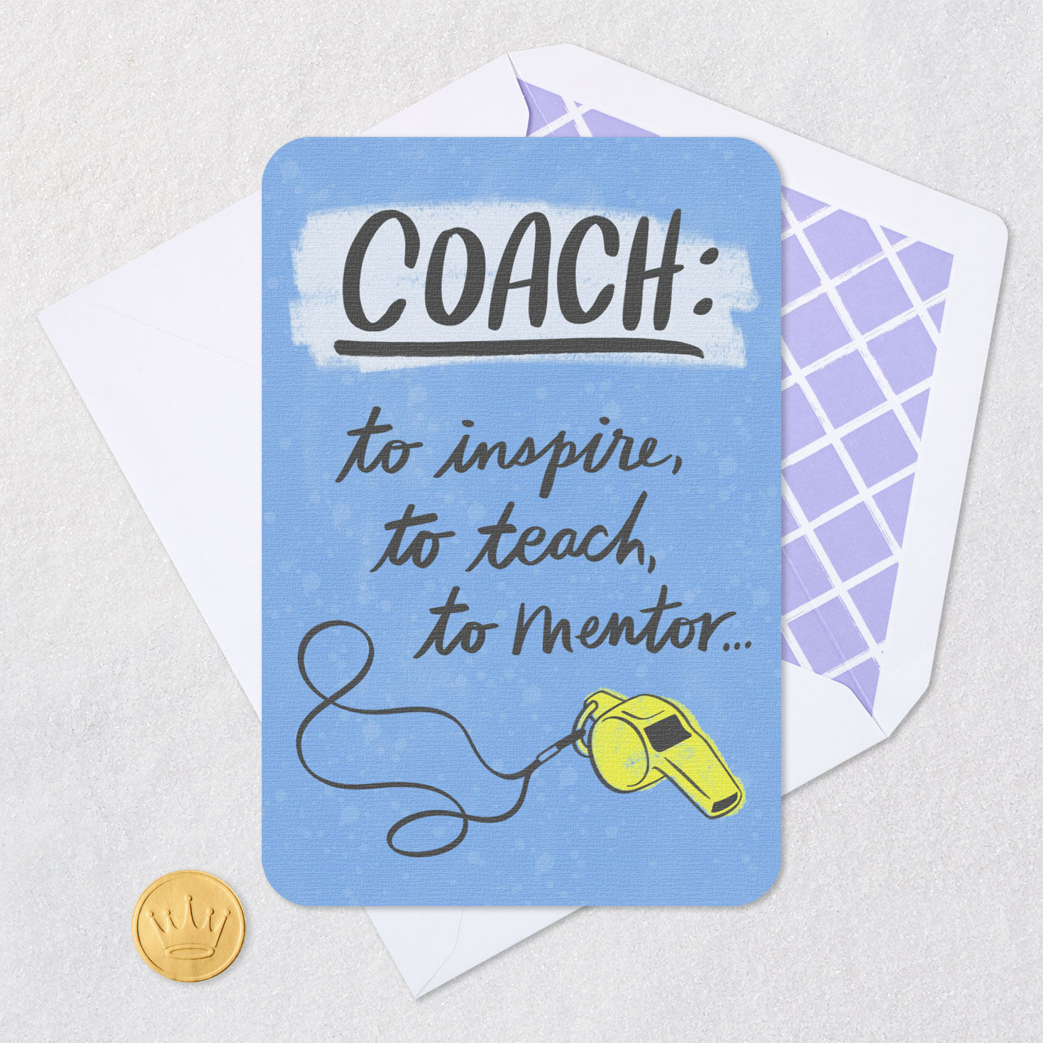 Sports Whistle on Blue Coach Thank You Card Card Front with Envelope and Gold Seal image number 5