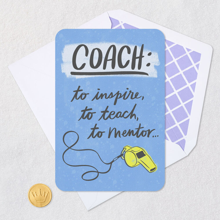 Sports Whistle on Blue Coach Thank You Card Card Front with Envelope and Gold Seal image number 5