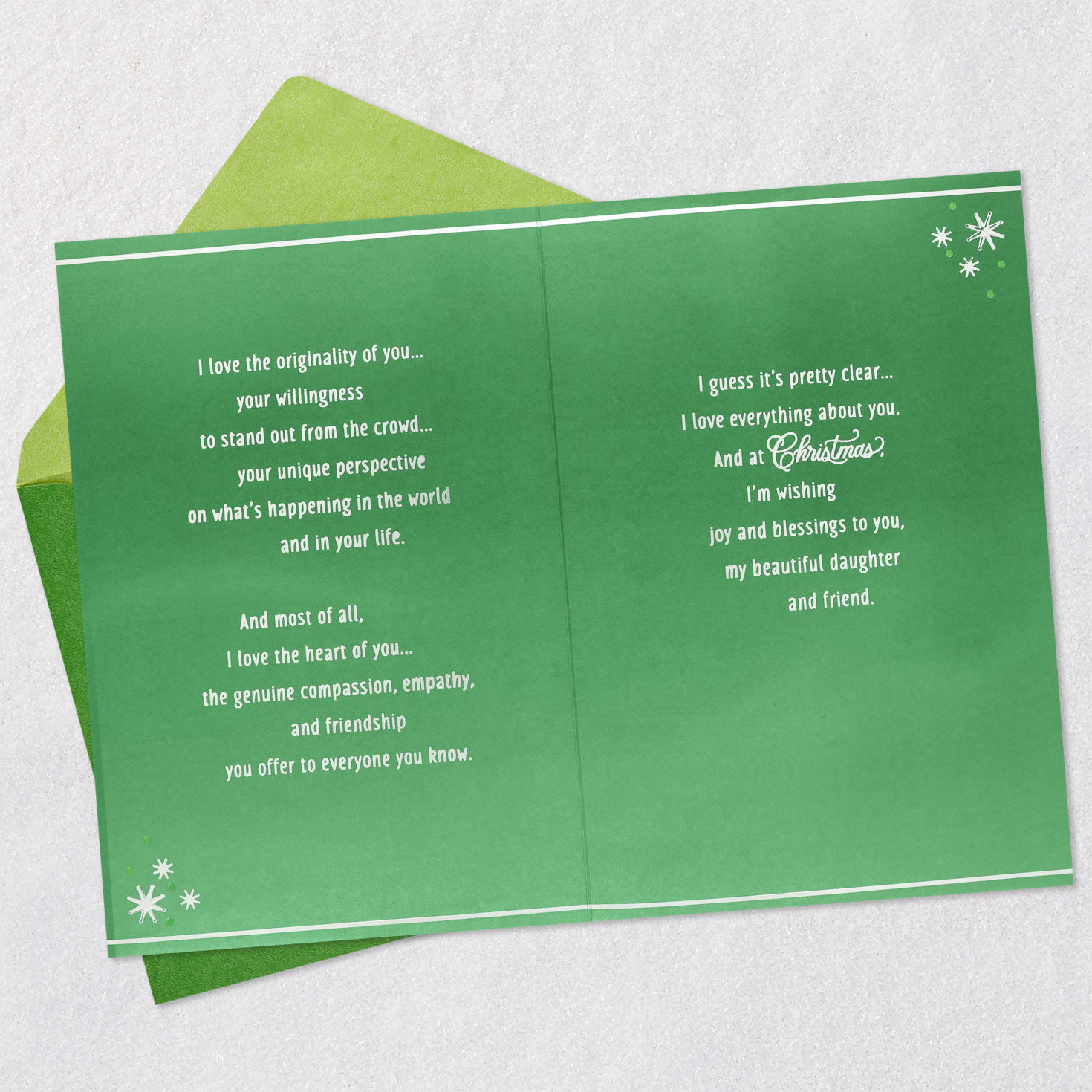 Pink Ornament on Green Christmas Card for Daughter Open card with envelope image number 4