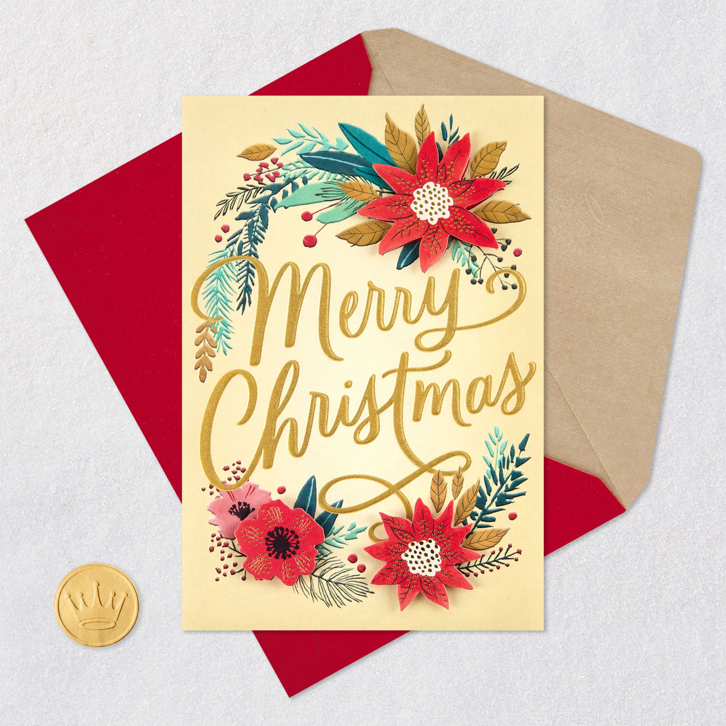 Poinsettia and Pine Boughs Christmas Card Card Front with Envelope and Gold Seal image number 7