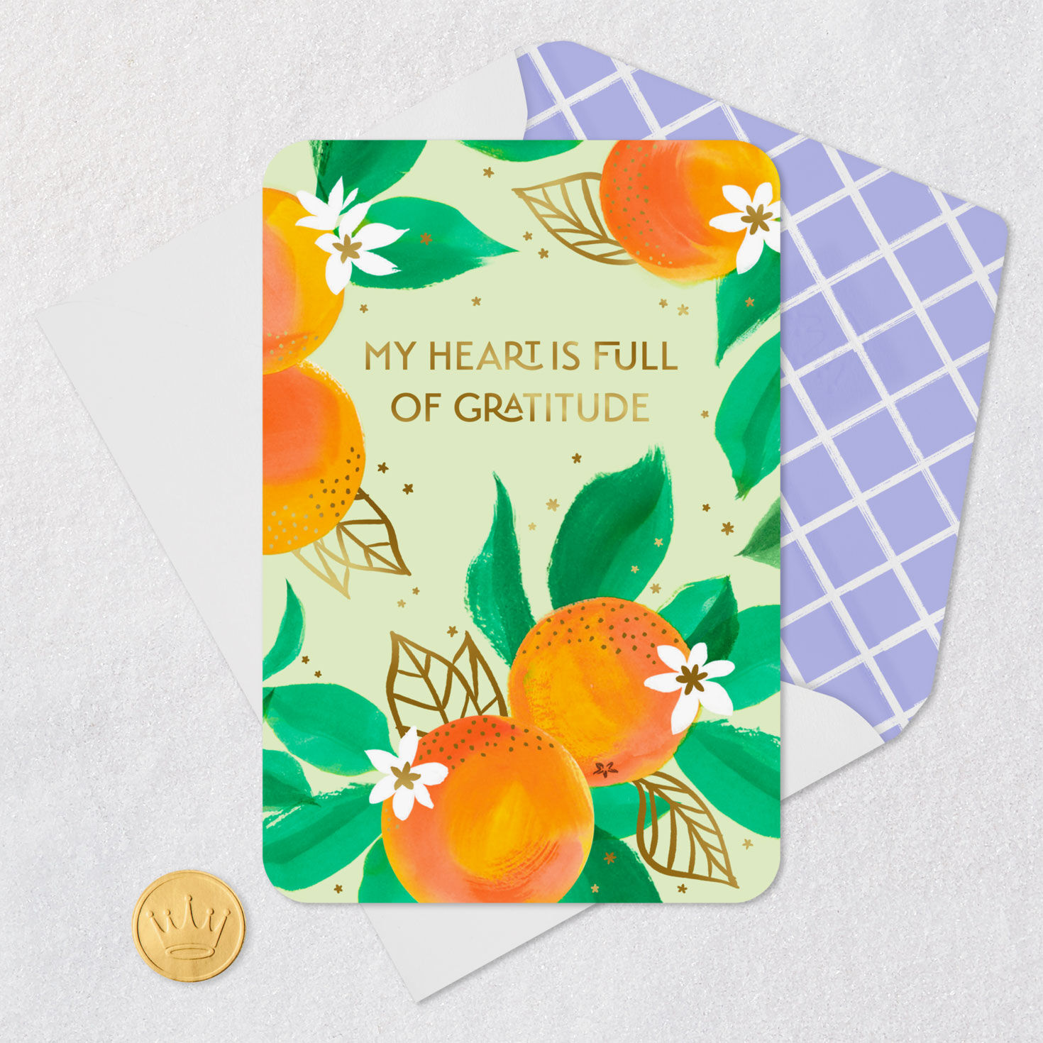 Oranges on Green Thank You Card Card Front with Envelope and Gold Seal image number 5