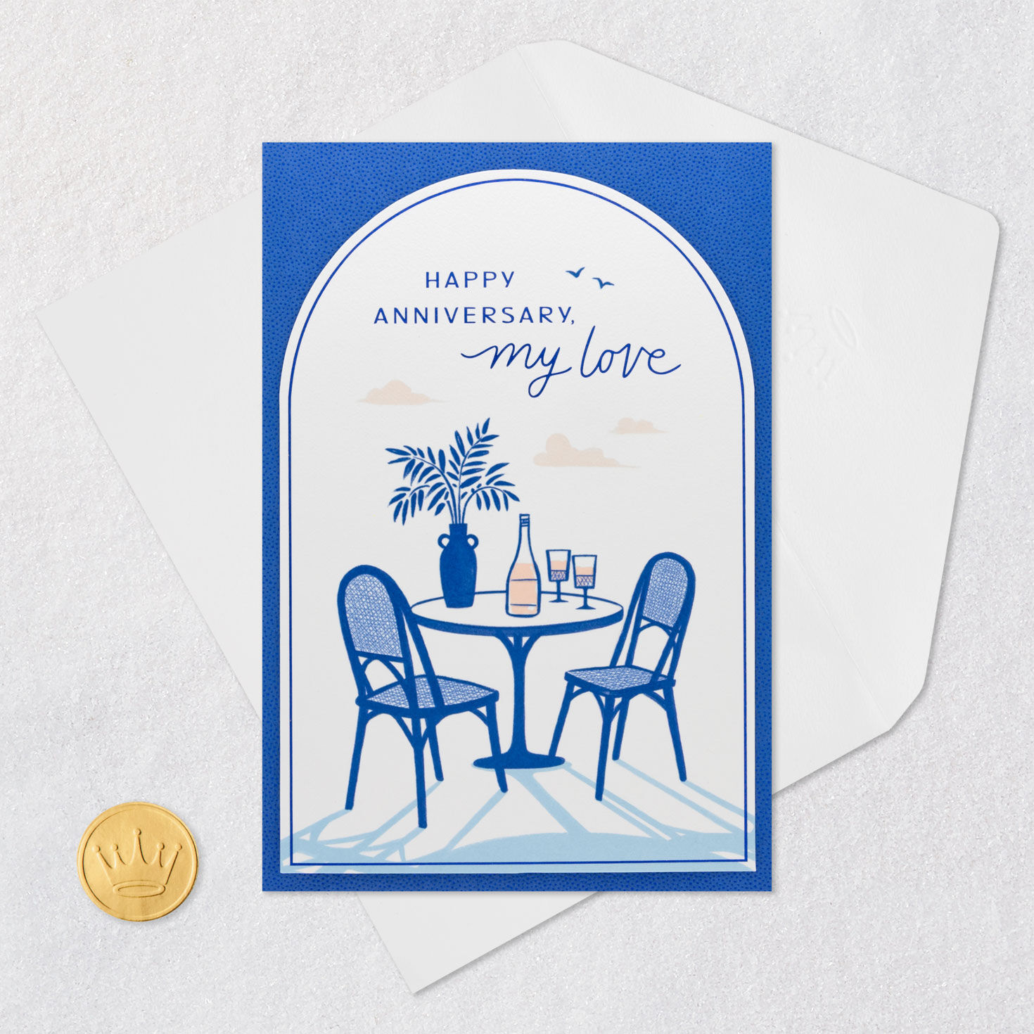 Blue Table and Chairs Anniversary Card Card Front with Envelope and Gold Seal image number 6