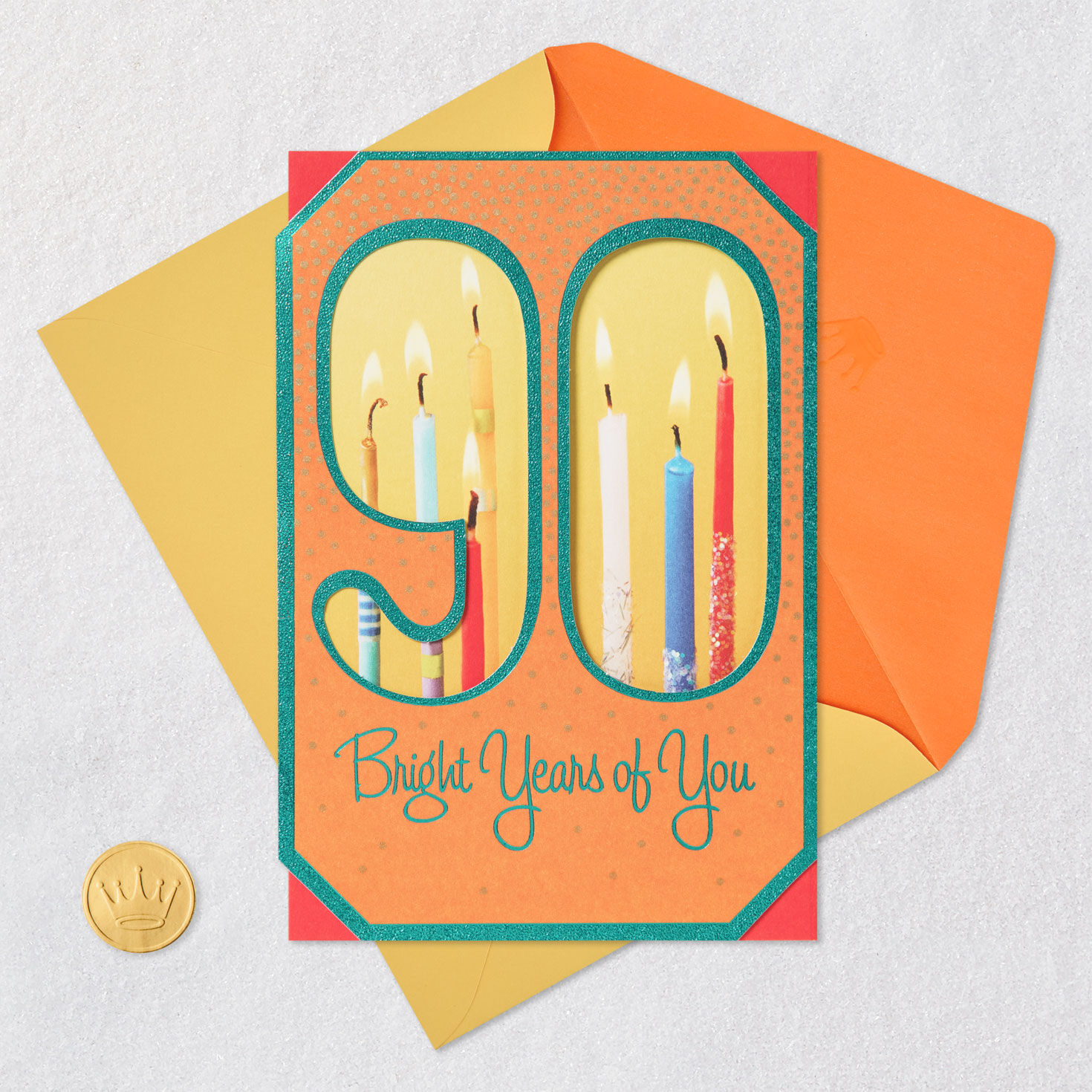 Lit Candles Orange 90th Birthday Card Card Front with Envelope and Gold Seal image number 6