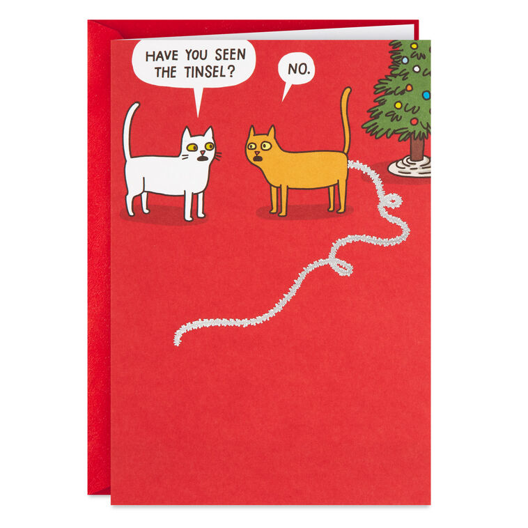 Cat Found the Tinsel Funny Christmas Card