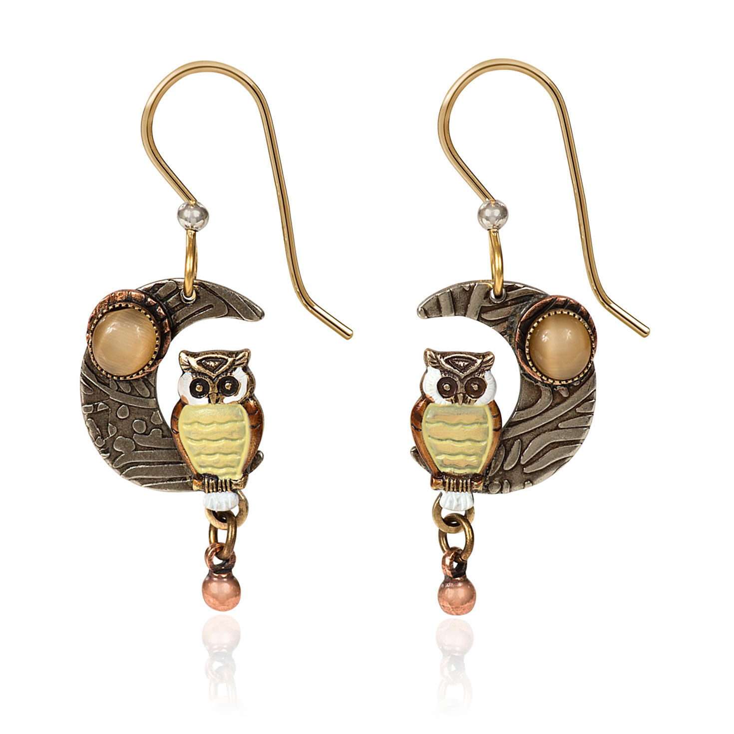 Silver Forest Owl on Metal Crescent Moon Drop Earrings