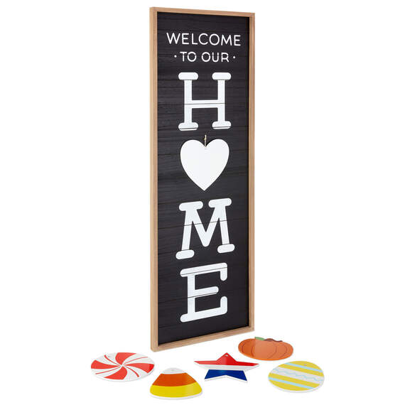 Welcome Home Front Porch Sign With Seasonal Decorations, 16.5x47.25