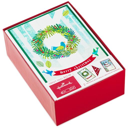 Smiling Snowman And Holiday Wreath Assorted Christmas Cards Box Of 40 Smiling Snowman And Holiday Wreath Assorted Christmas Cards Box Of 40