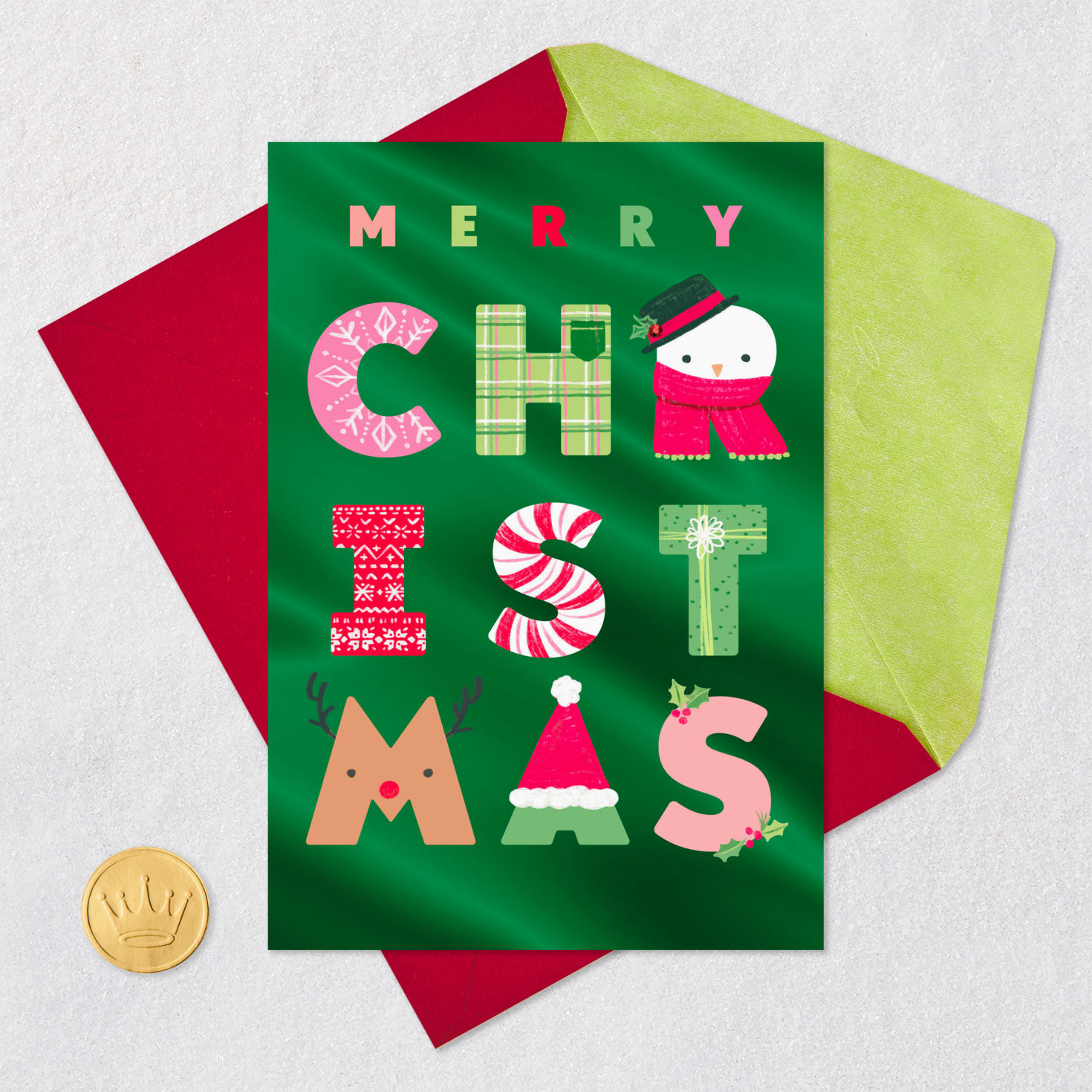 Playful Icon Letters Merry Christmas Card Card Front with Envelope and Gold Seal image number 5